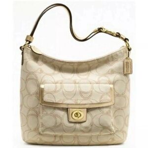 Coach Signature Penelope Purse Linen Leather Crossbody Shoulder Bag Cream Gold